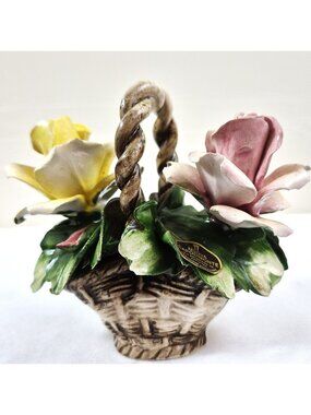 Capodimonte Porcelain Flower Basket Roses Italy Nuova Figurine Vintage